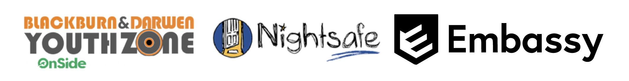 Blackburn and Darwen Youth Zone, Nightsafe and Embassy Village charity logos